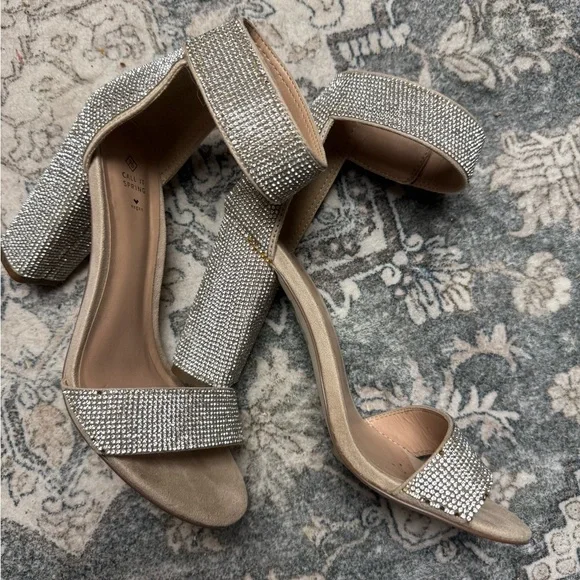 Call It Spring Silver Rhinestone Block Heel Sandals - Picture 1 of 6